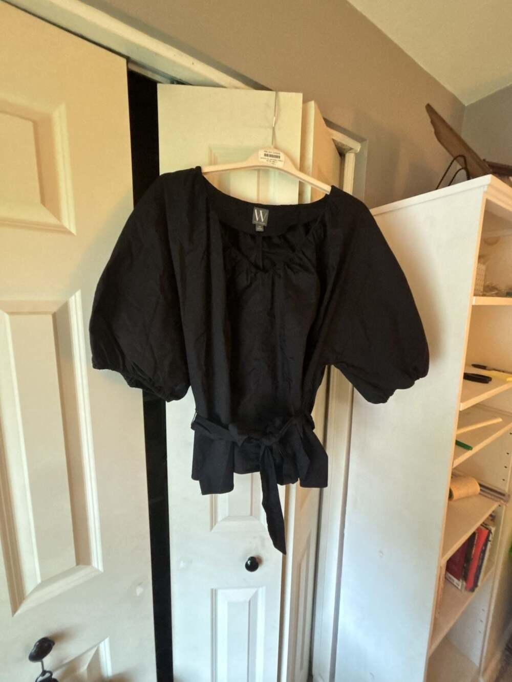 W By Worthington Puff Sleeve Blouse Size 2X Black Cotton Tie Waist